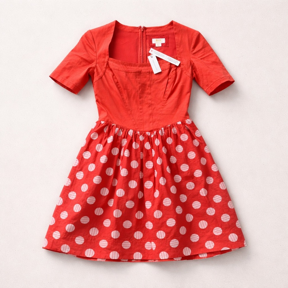 Anthropologie Orange/coral and White Polka Dot Mini Dress with pockets - Picture 2 of 5